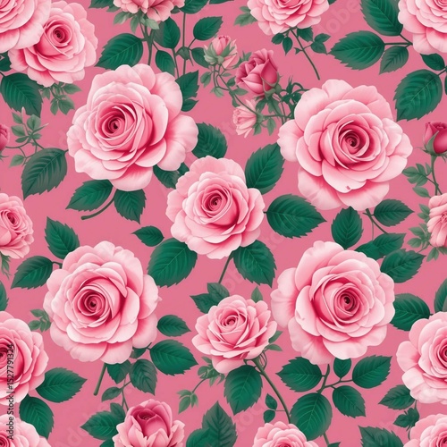 Pattern of vivid pink roses and green leaves on a soft pink background creating a vibrant and elegant floral design