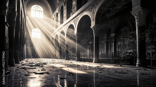 Sunlight streaming through arched cathedral windows onto abandoned church interior. Historic religious space with scattered debris and dramatic shadows.