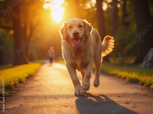 Golden retriever strolls down a sunlit path, embodying warmth and serenity.