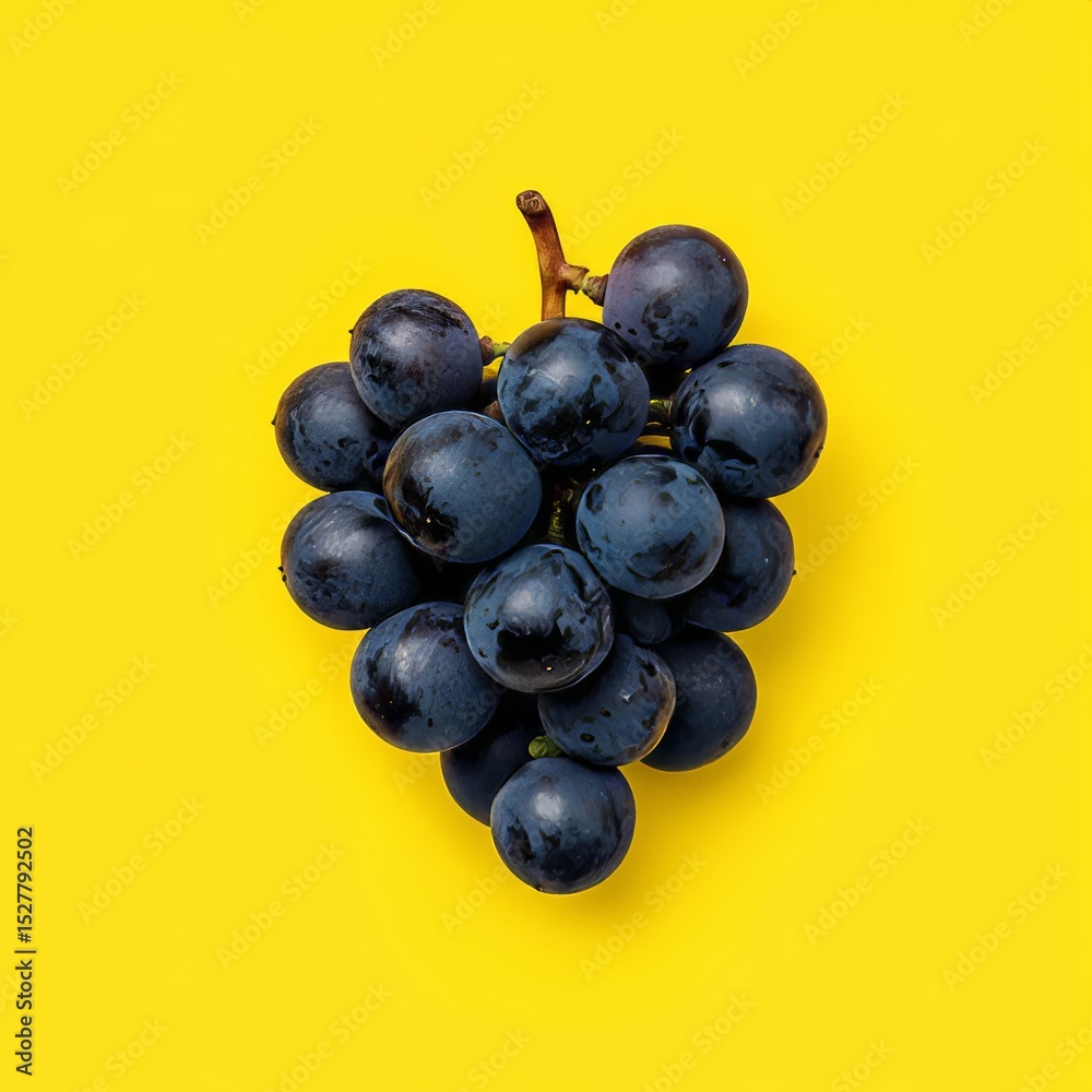 Fototapeta premium Succulent Dark Grapes on Vibrant Yellow Background, Fresh and Ripe, Ideal for Dessert Dishes