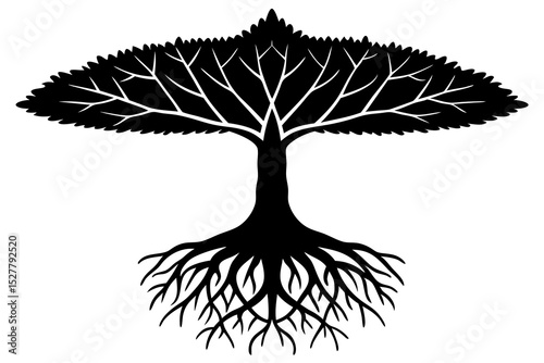 Black silhouette of a tree with extensive roots