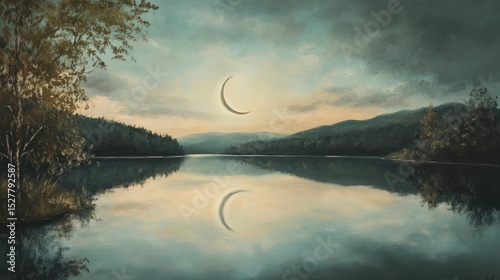 Serene lake landscape at twilight with a crescent moon reflected.