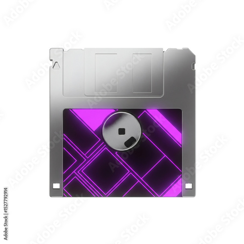 Futuristic silver floppy disk with neon lines on transparent... photo