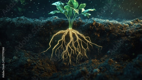 Sprout emerging from soil, roots spreading.
