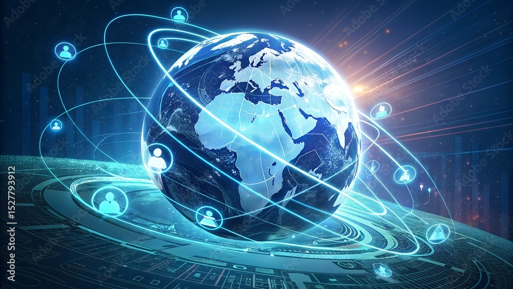 Obraz premium Radiant Digital Globe with Ethereal Connectivity Icons in Vibrant Futuristic Tech Environment 