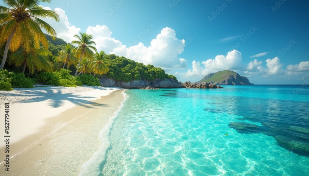 Fototapeta premium Tropical beach with crystal-clear turquoise waters, soft white sand, and lush green palm trees. Perfect for vacation promotions, travel brochures, tourism advertisements, and relaxation-themed content