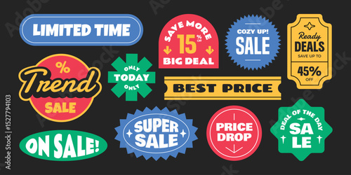 Colorful sale stickers, patch, badge collection. Trendy online promotion tag discount.