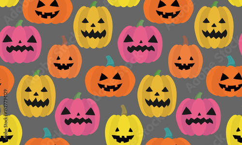 colorful scary pumpkins seamless pattern grey background halloween festive design for web textile decor digital illustration