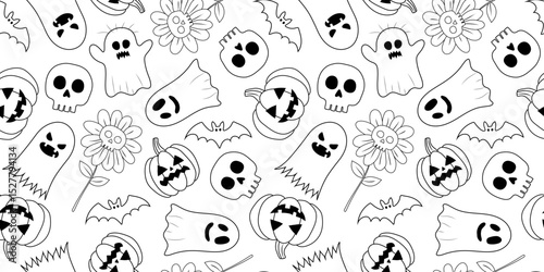 black and white seamless halloween pattern ghosts, pumpkins, skulls, bats spooky flowers, hand drawn outline style for coloring book print web design
