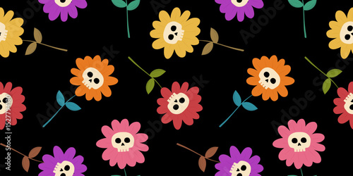 colorful day of the dead halloween flowers seamless pattern black background skull floral festive digital textile