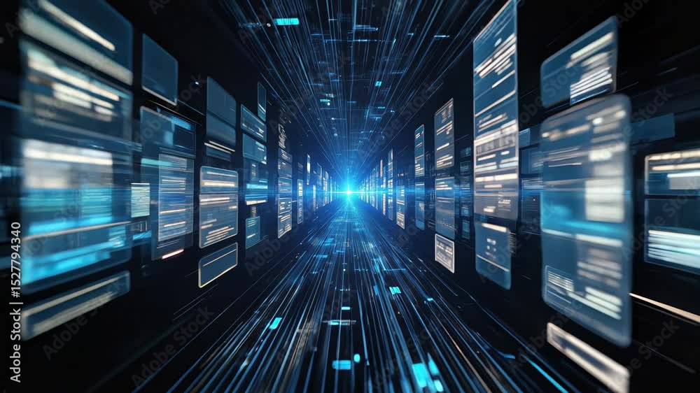 A futuristic digital tunnel with glowing code blocks rapidly moving on both sides and a bright, flickering light at the center, conveying a sense of advancing through cyberspace