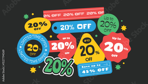 20% discount colorful sale stickers, patch, badge collection. Trendy online promotion tag elements.