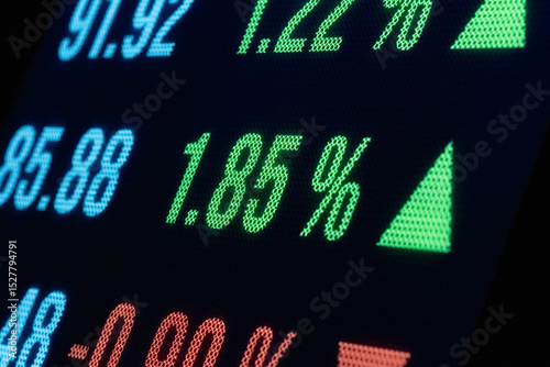 Close-up screen, price, percentage changes, moving up, share prices, red and green, trading information. Business, investment, stock market and exchange concept.