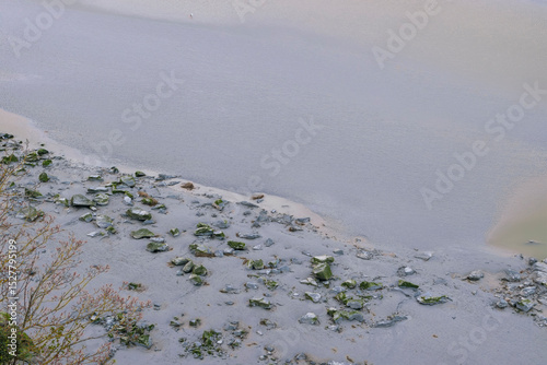 Calm riverbank landscape with smooth waters and rocky shore during overcast weather