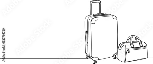 continuous single line drawing of luggage, suitcase and travel bag, line art vector illustration