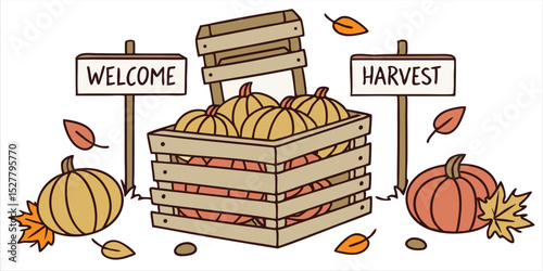 Wooden crate filled with pumpkins, "Welcome" and "Harvest" signs, and scattered autumn leaves, creating a festive scene for a fall farm or market.