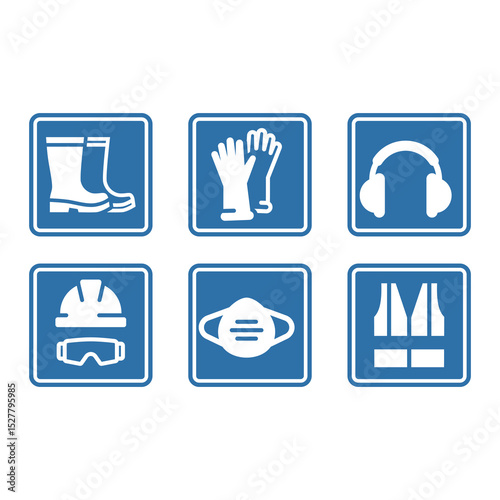 Ppe or personal protective equipment sign set. Workwear, protective vest, glasses and hardhat icon set.