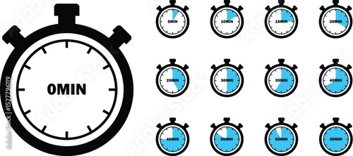 Set of countdown stopwatches showing time from 0 to 60 minutes with blue progress