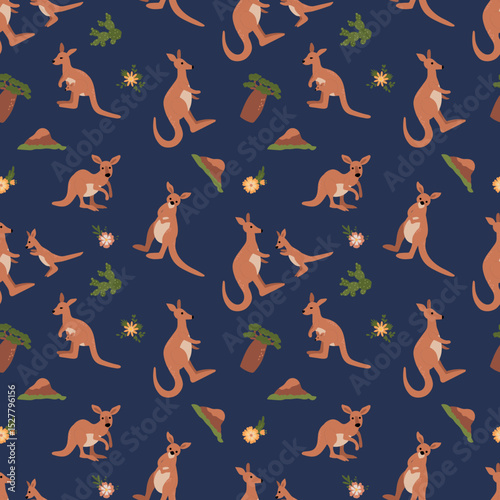 Kangaroo and Joey Seamless Pattern Illustration. Design for fabric, textile, wallpaper, packaging	