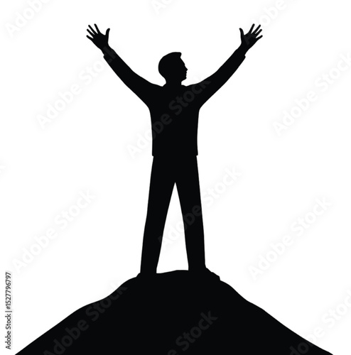 Silhouette of a joyful person with outstretched arms at sunset, celebrating success and freedom