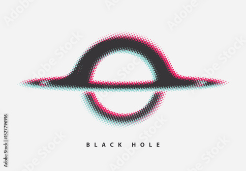 Vector minimalist logo or banner made of pixels or dots with black hole or planet with rings on the theme of space, astronomy, astrophysics and universe. T-shirt design. Not used aI