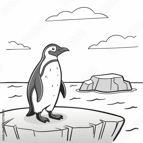 Penguin Standing on Iceberg in Minimal Scene
