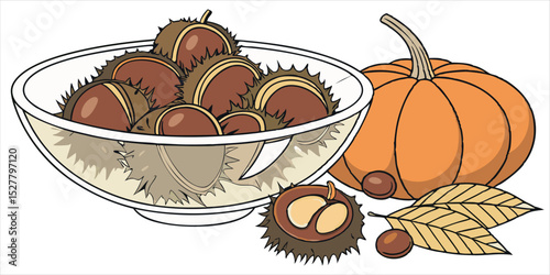 Bowl of chestnuts, pumpkin, and autumn leaves, representing the flavors and symbols of fall.