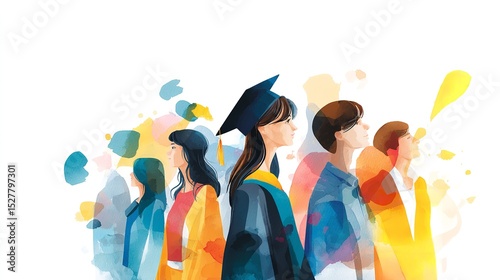 A group of diverse graduates look towards the future celebrating education and new beginnings in an ethereal watercolor