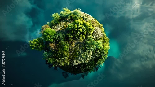Enchanted Floating Island: A Lush Green Oasis in a Teal Celestial Sea