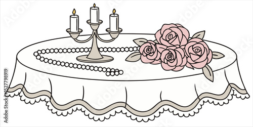  Romantic still life with roses, candles, and pearls on a beautifully draped table, perfect for elegant designs.
