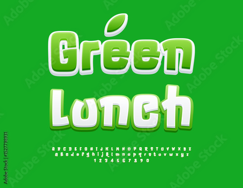 Vector Healthy template Green Lunch. Comic White and Green Font. Trendy Alphabet Letters and Numbers set.