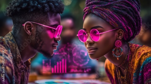Two people with dark skin tones and distinctive hairstyles, wearing vibrant pink glasses, look intently at each other. The background features a glowing, abstract digital landscape in shades of purple