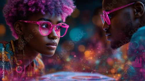 Two people with dark skin tones and distinctive hairstyles, wearing vibrant pink glasses, look intently at each other. The background features a glowing, abstract digital landscape in shades of purple