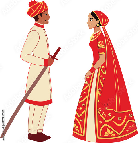Indian wedding couple in traditional red and gold attire
