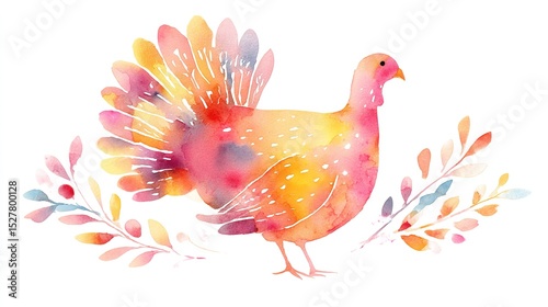 Watercolor Thanksgiving A festive turkey amidst falling leaves celebrating autumn harvest with delicate soft pinks and
