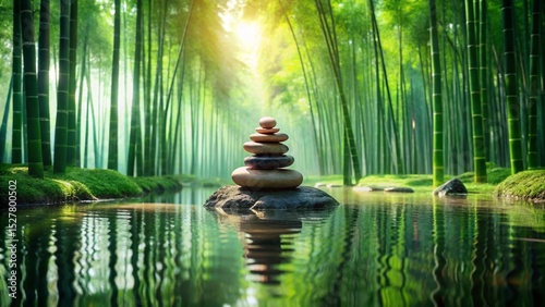 Zen stones balanced in a serene forest garden with bamboo, reflecting the tranquil summer landscape