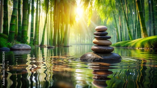 Balanced zen stones with green bamboo and water reflect perfect harmony, ideal for spa relaxation and wellness meditation