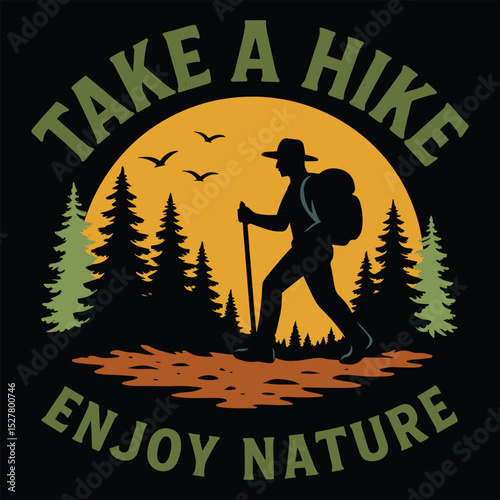 Retro Hiking Badge – Hiker Silhouette with Sunset and Pine Trees
