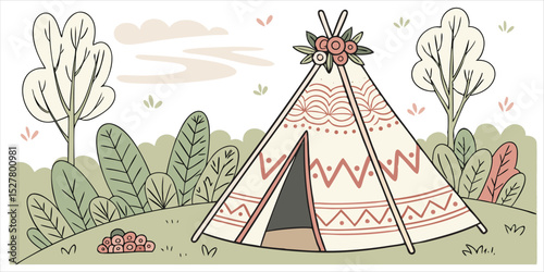 Peaceful campsite scene with teepee tent decorated with flowers, surrounded by nature
