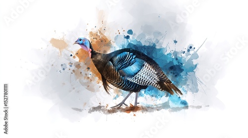 An artistic watercolor rendering of a wild turkey showcasing its vibrant blue plumage in a splashy textured and colorful