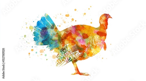 A vibrant watercolor turkey embodying the spirit of Thanksgiving in warm autumn hues with splatter art details on a