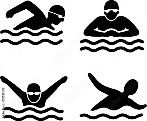 Collection of Swimming Stroke Silhouettes Representing Motion and Water Sports