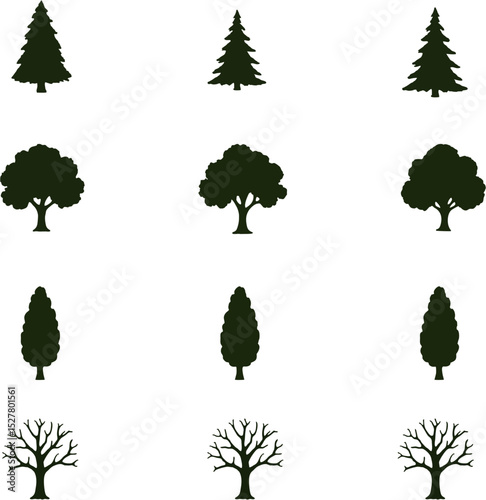 Collection of Minimalist Tree Silhouettes in Various Styles