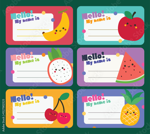Adorable printable name label sticker set for kids featuring cute fruit designs perfect for fun and colorful back to school supplies and personal items.
