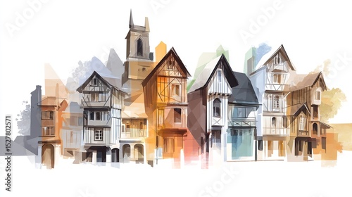 A quaint European village rendered in watercolor showing historic half timbered houses and a church tower with painterly
