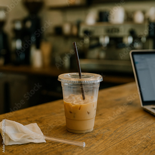 Iced Coffee on Café Counter Beside Laptop