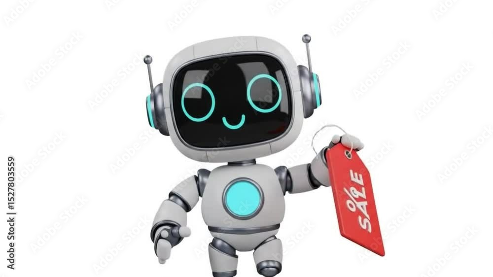 A smiling white robot character with a red tag, ready for interaction.


