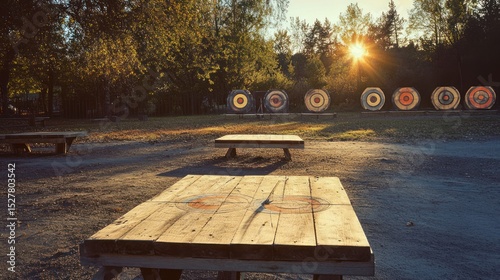 Outdoor archery range at sunset. Wooden targets and platforms in a park-like setting