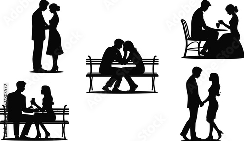 Romantic Silhouettes: Couples Kissing, Dining, Walking Hand in Hand, and Sharing Intimate Moments in Black and White Art flat vector illustration