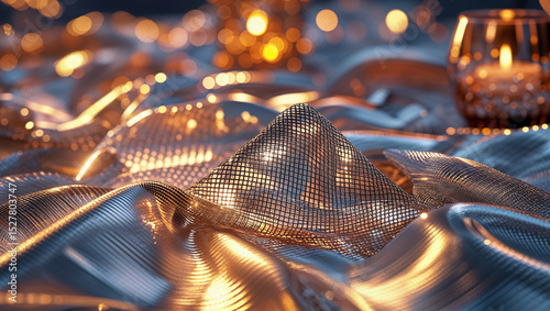 Elegant abstract composition featuring shimmering fabric candlelight and golden bokeh
